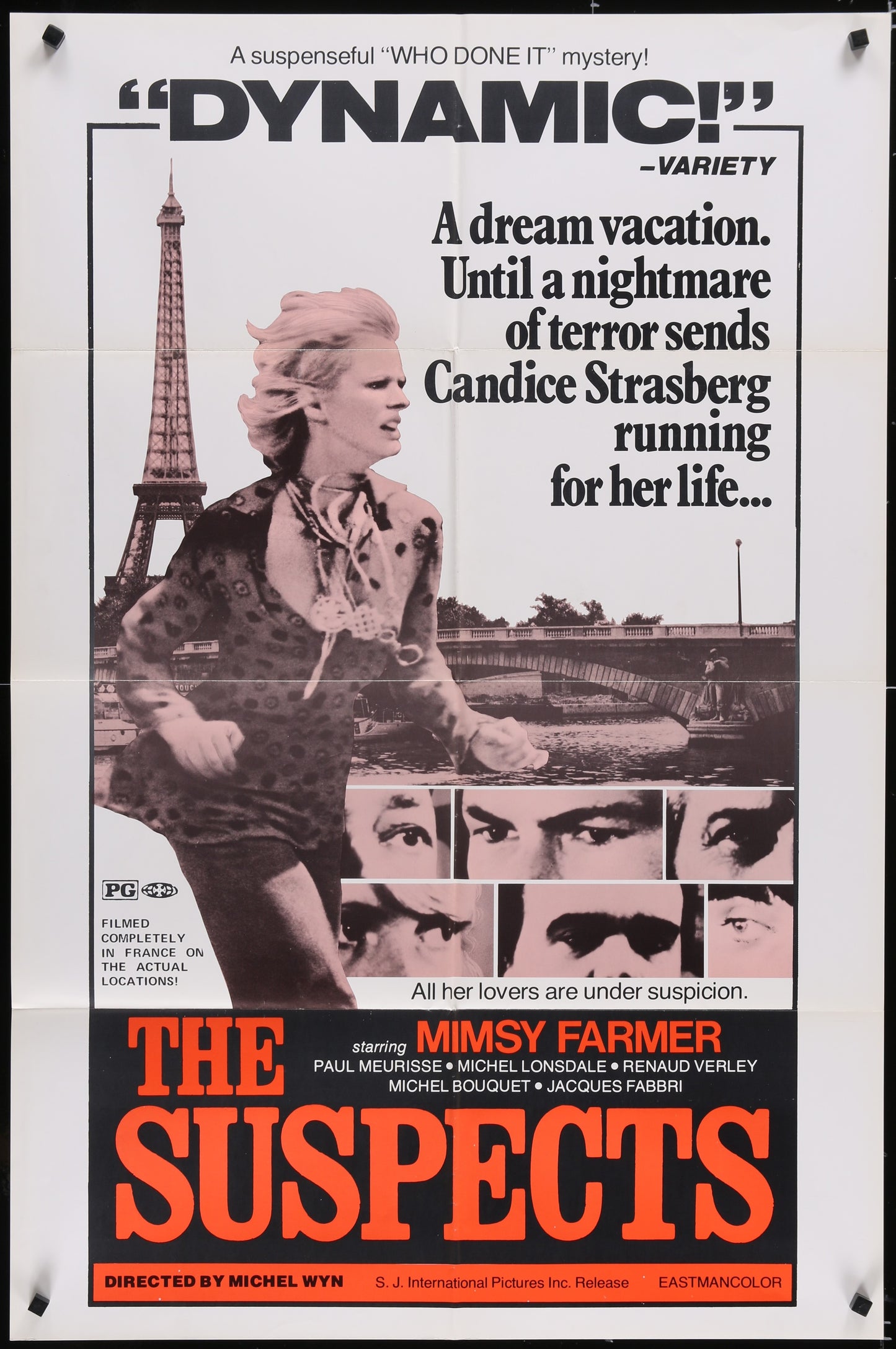 Vintage style movie poster for 'The Suspects' featuring a woman in a car chase, with a background of a famous landmark, indicative of the 1970s action/thriller genre.