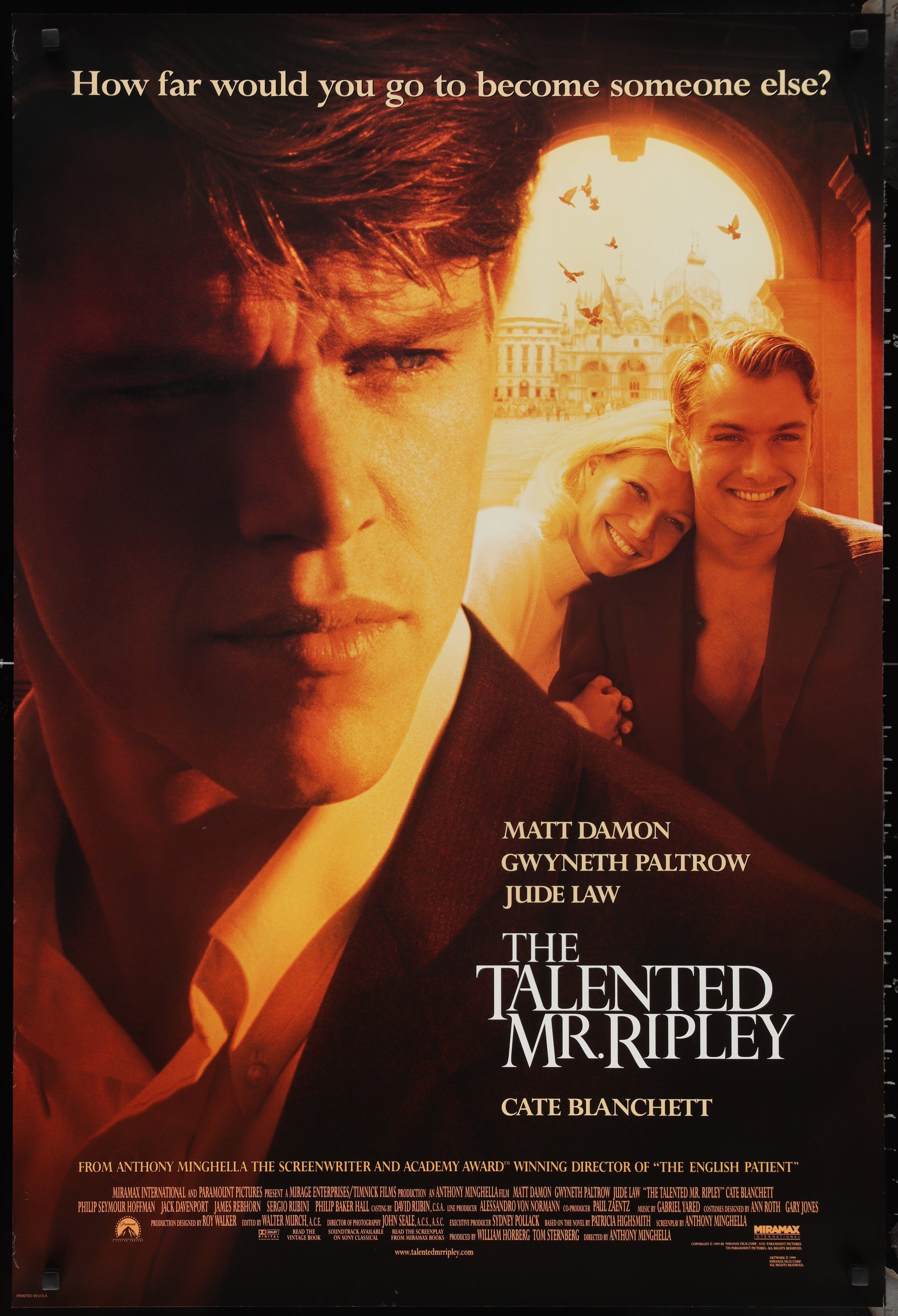 Original US one-sheet movie poster for 'The Talented Mr. Ripley' featuring images of the main characters with a orange-brown tinted background.
