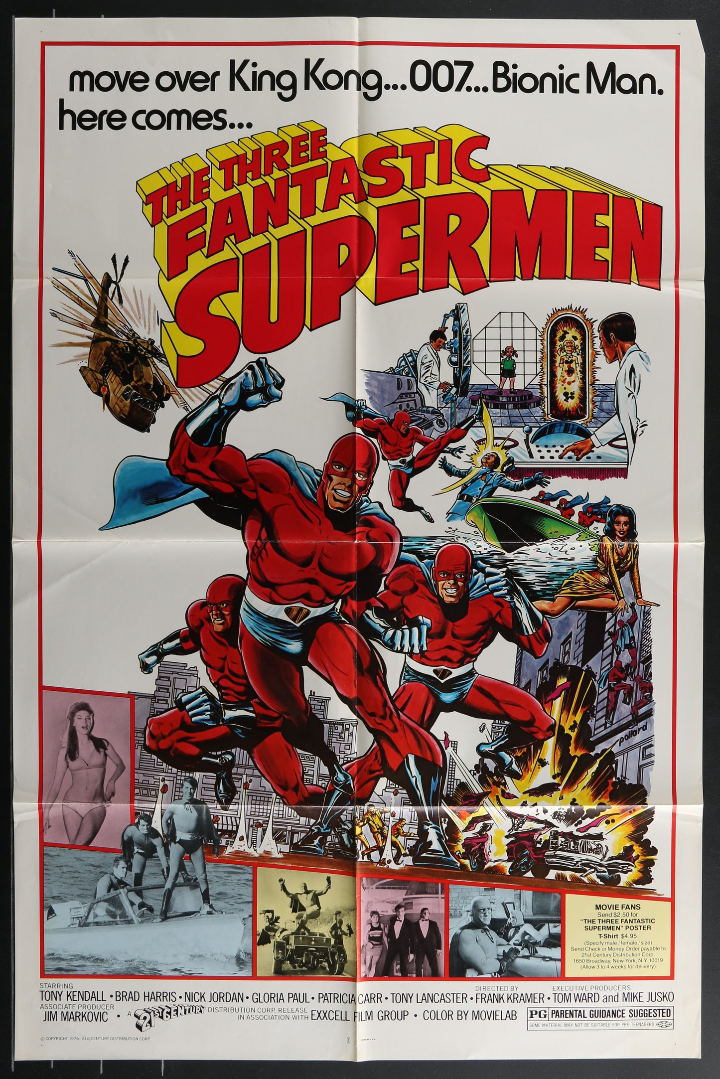 Original US one sheet movie poster for The Three Fantastic Supermen featuring a colorful illustration of the eponymous characters in action.