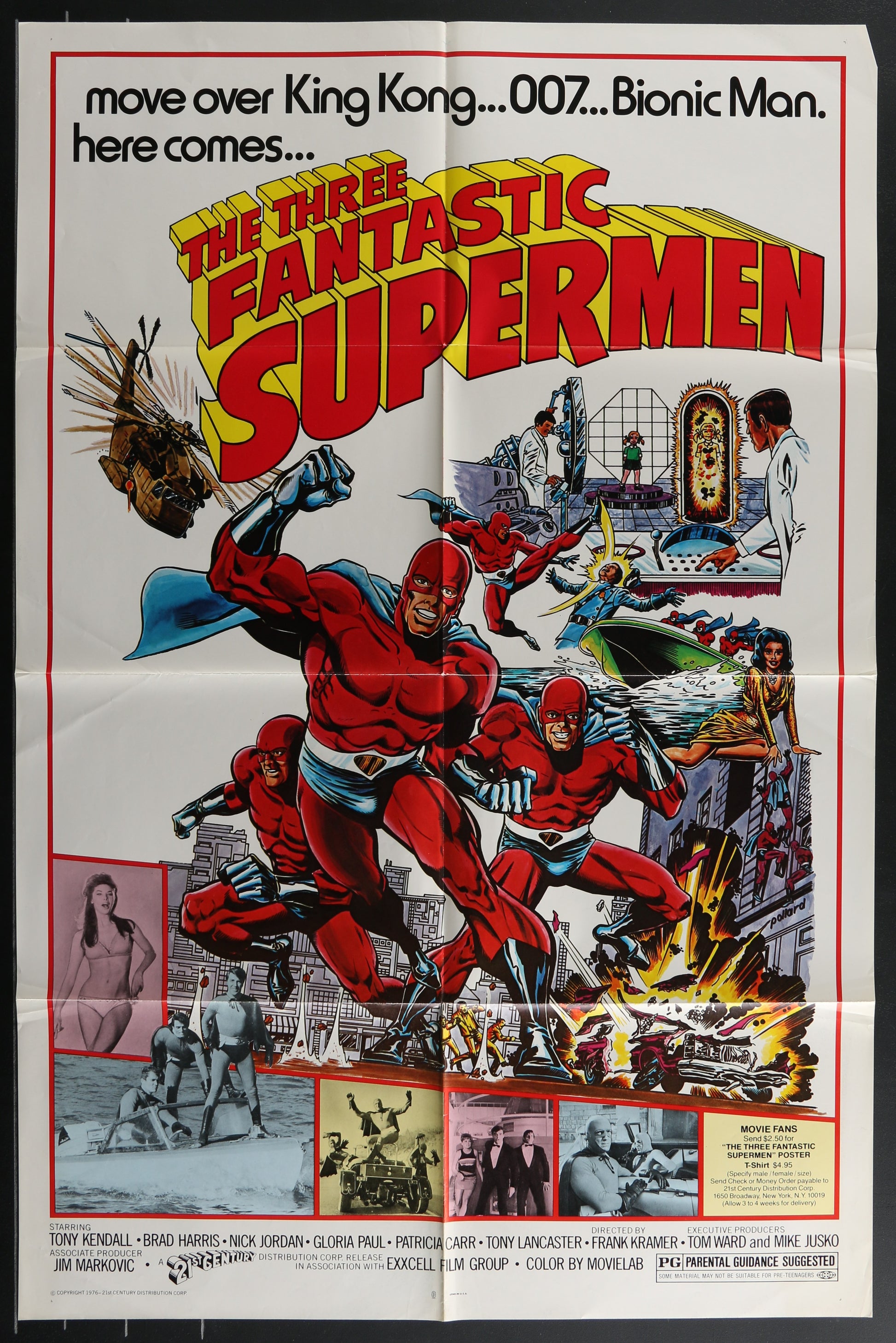 Original US one sheet movie poster for The Three Fantastic Supermen featuring a colorful illustration of the eponymous characters in action.