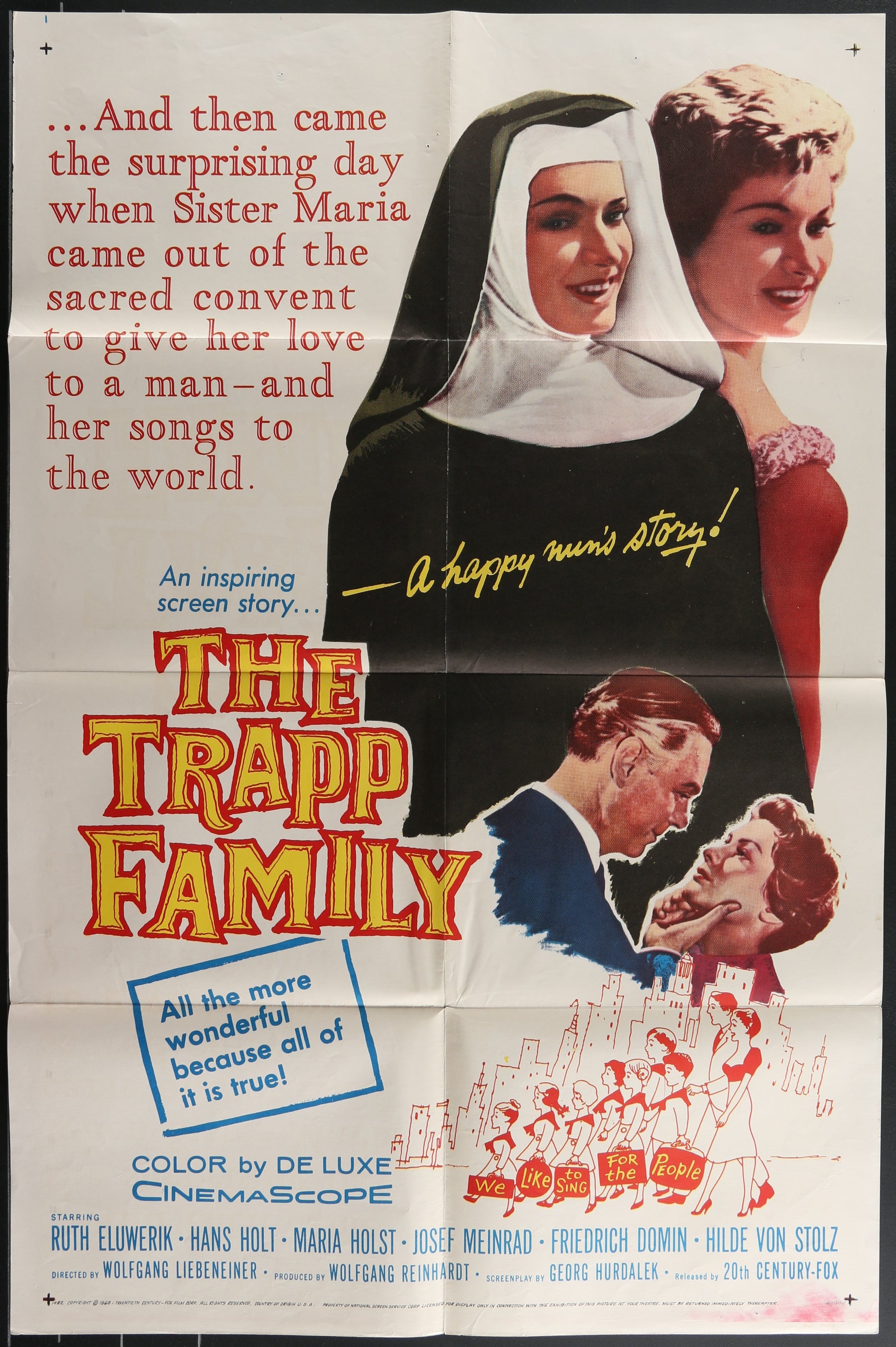 Vintage movie poster for 'The Trapp Family' featuring a nun and a woman, with text about Sister Maria and her love story.