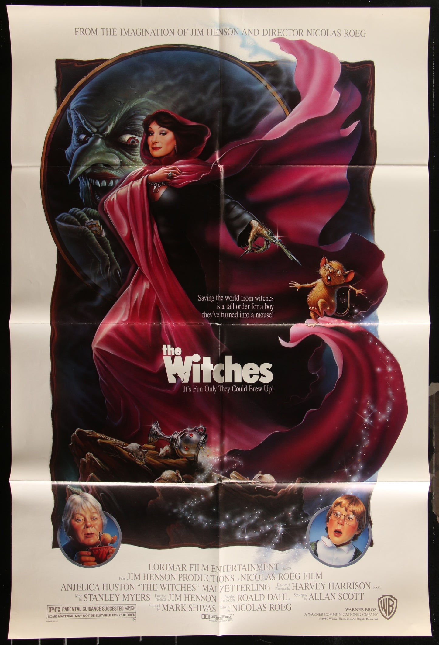 Vintage movie poster for 'The Witches' featuring a character in a red dress with a green witch figure in the background, and smaller characters in the foreground.
