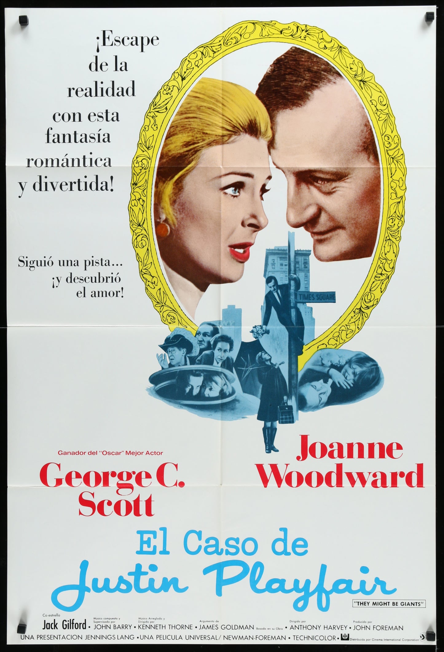 A vintage Spanish language movie poster for 'They Might Be Giants' featuring portraits of the main actors, George C. Scott and Joanne Woodward, with a yellow tinted background.