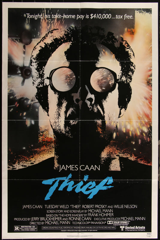 Original US one-sheet movie poster for the film 'Thief' featuring a black and white image of the main character with sunglasses and a blurred background of fireworks and stars.