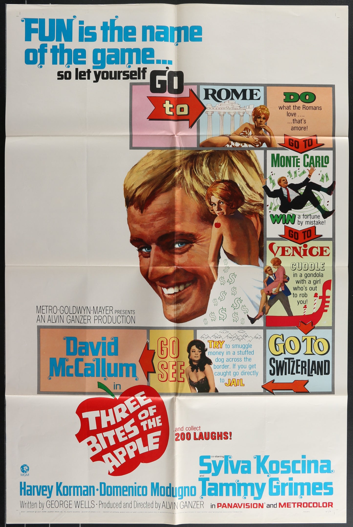 Vintage style movie poster for 'Three Bites Of The Apple' featuring a man's face in the foreground with a background of text and graphics indicating the film's title and setting in Rome.