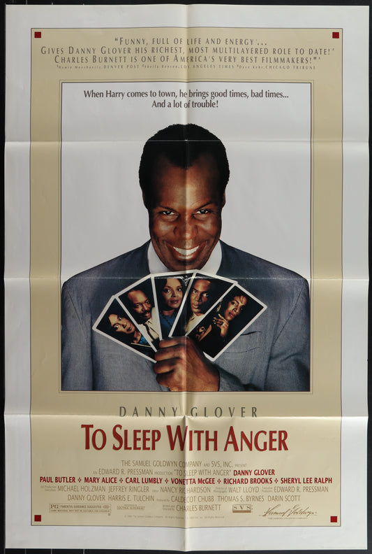 Original US one-sheet movie poster for 'To Sleep With Anger' featuring a portrait of Danny Glover in a suit, holding a deck of cards. The movie title and the actor's name are prominently displayed.