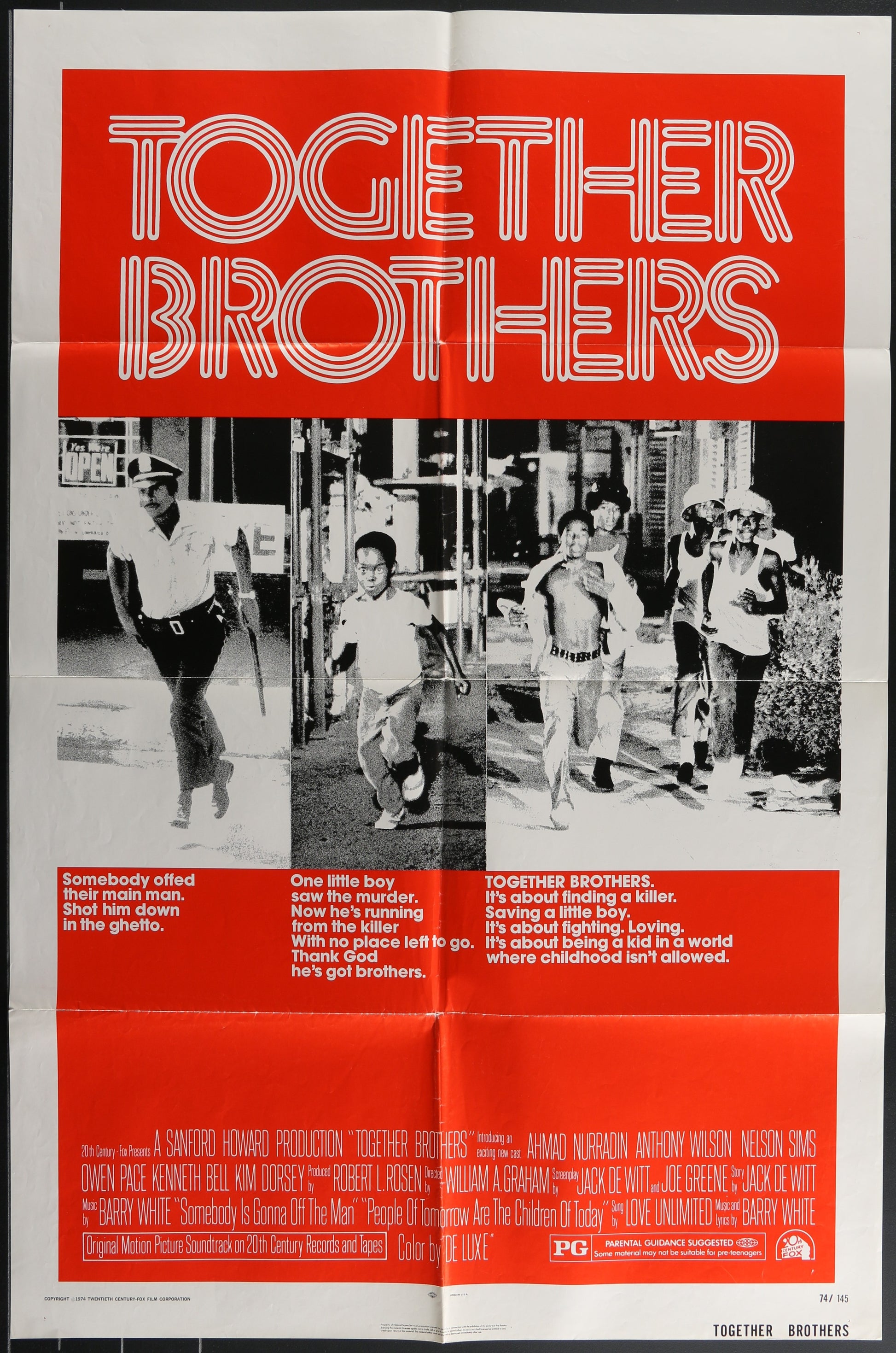 A vintage one-sheet movie poster for 'Together Brothers' featuring three black characters in dynamic poses against a red and white background.