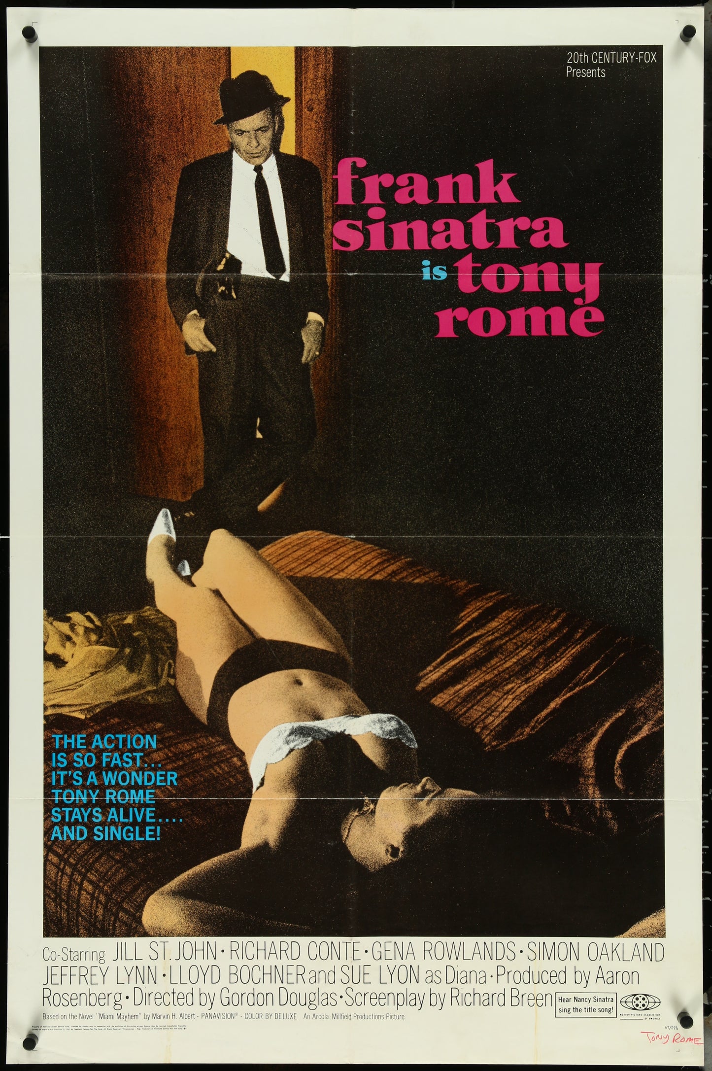 Original US one-sheet movie poster for the 1967 film 'Tony Rome' featuring Frank Sinatra, with visible signs of wear such as edge and fold wear, and two vertical stains at the bottom.