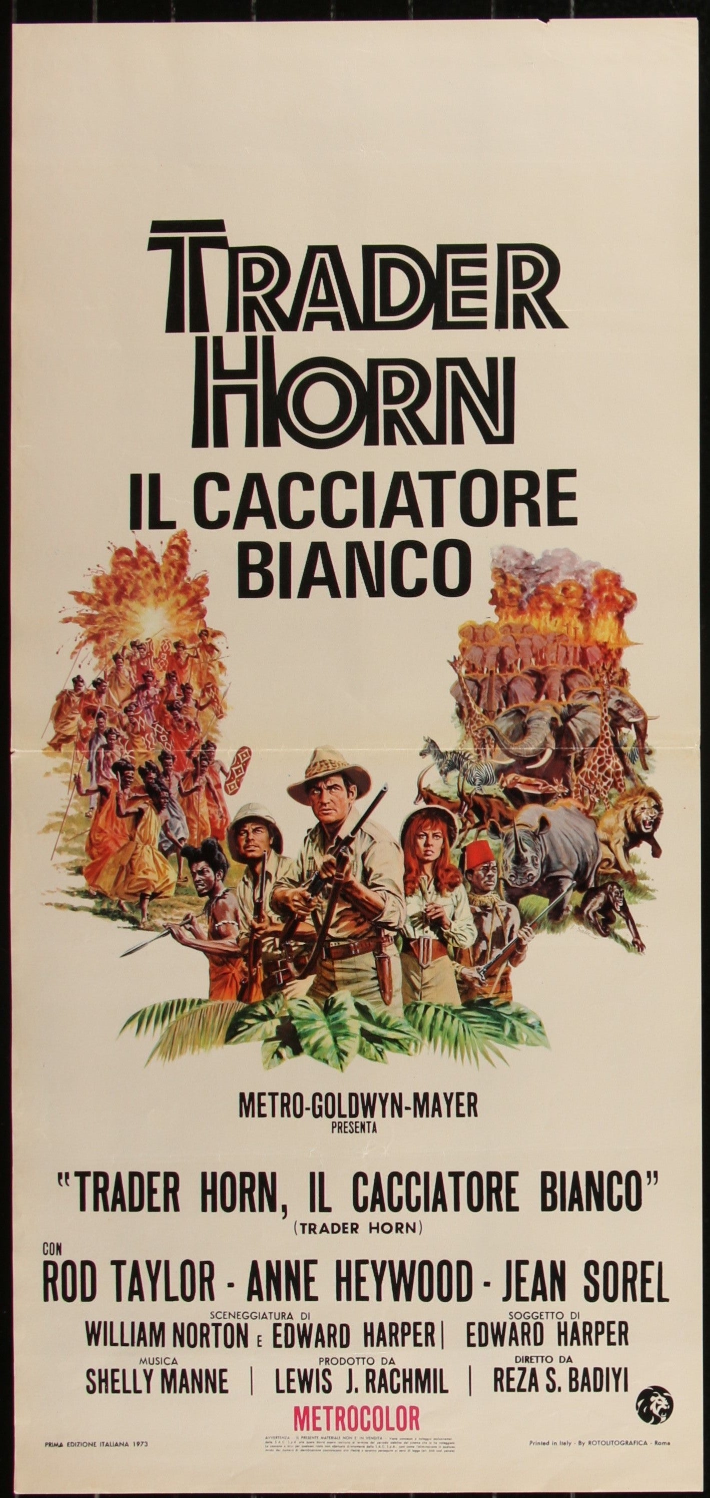Original Italian movie poster for 'Trader Horn' featuring a jungle scene with several characters, including a man on a white horse.