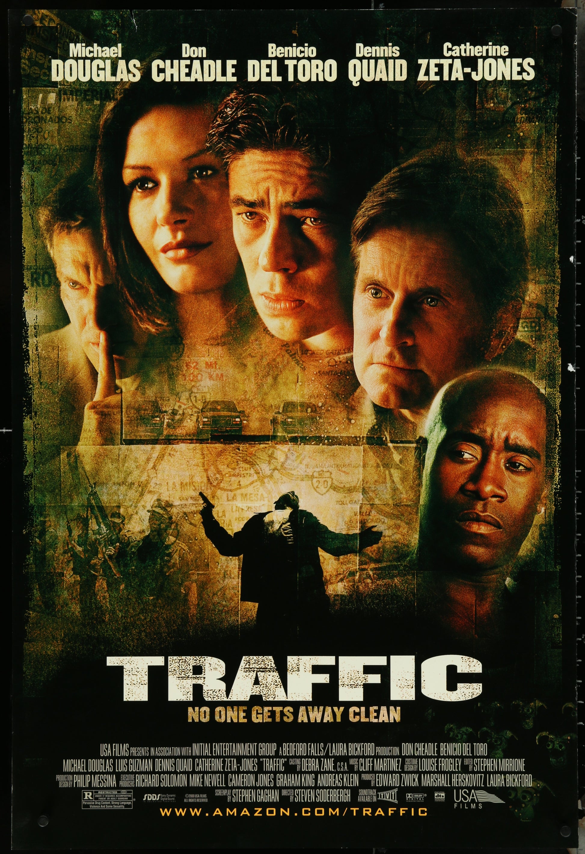 Movie poster for 'Traffic' featuring four main characters with a map and car images.