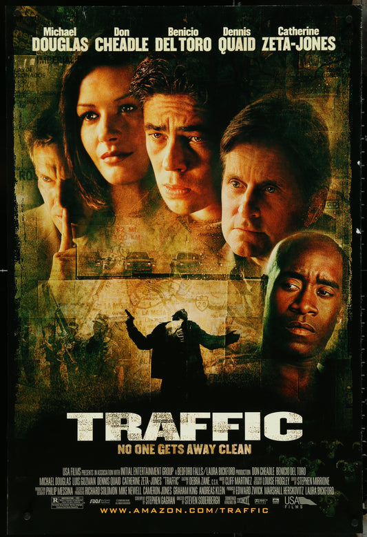 Movie poster for 'Traffic' featuring four main characters with a map and car images.