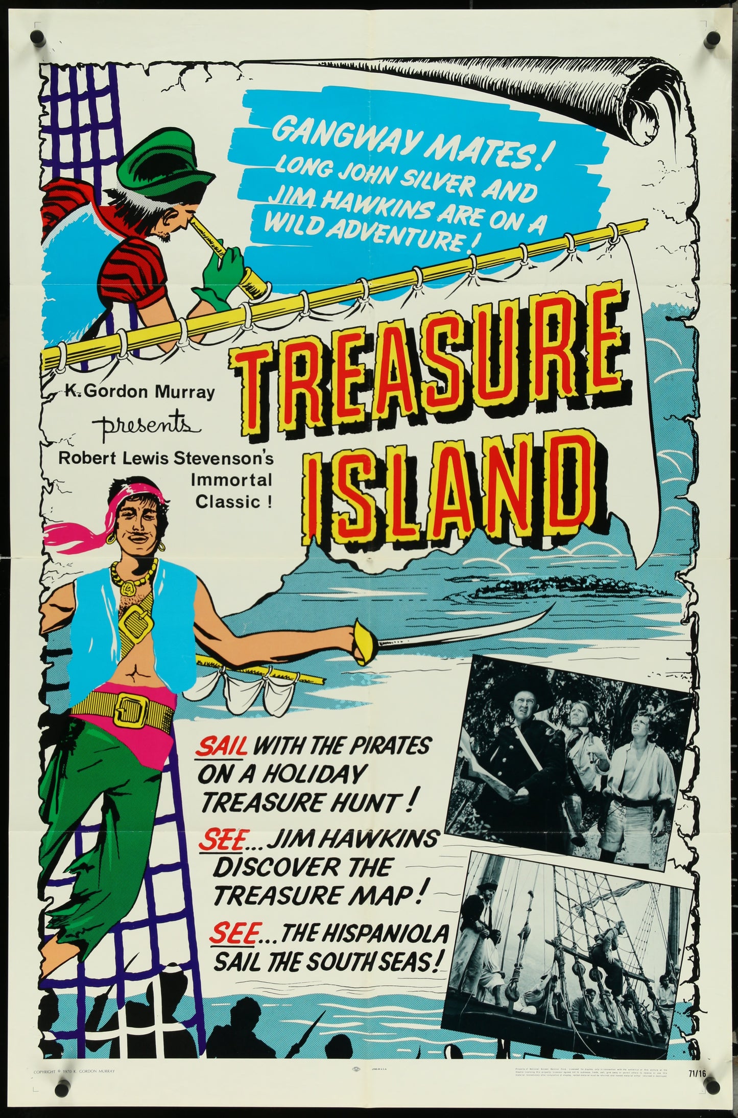 Vintage style movie poster for 'Treasure Island' featuring an illustration of a pirate character with a treasure map, set against a colorful background with a pirate ship.