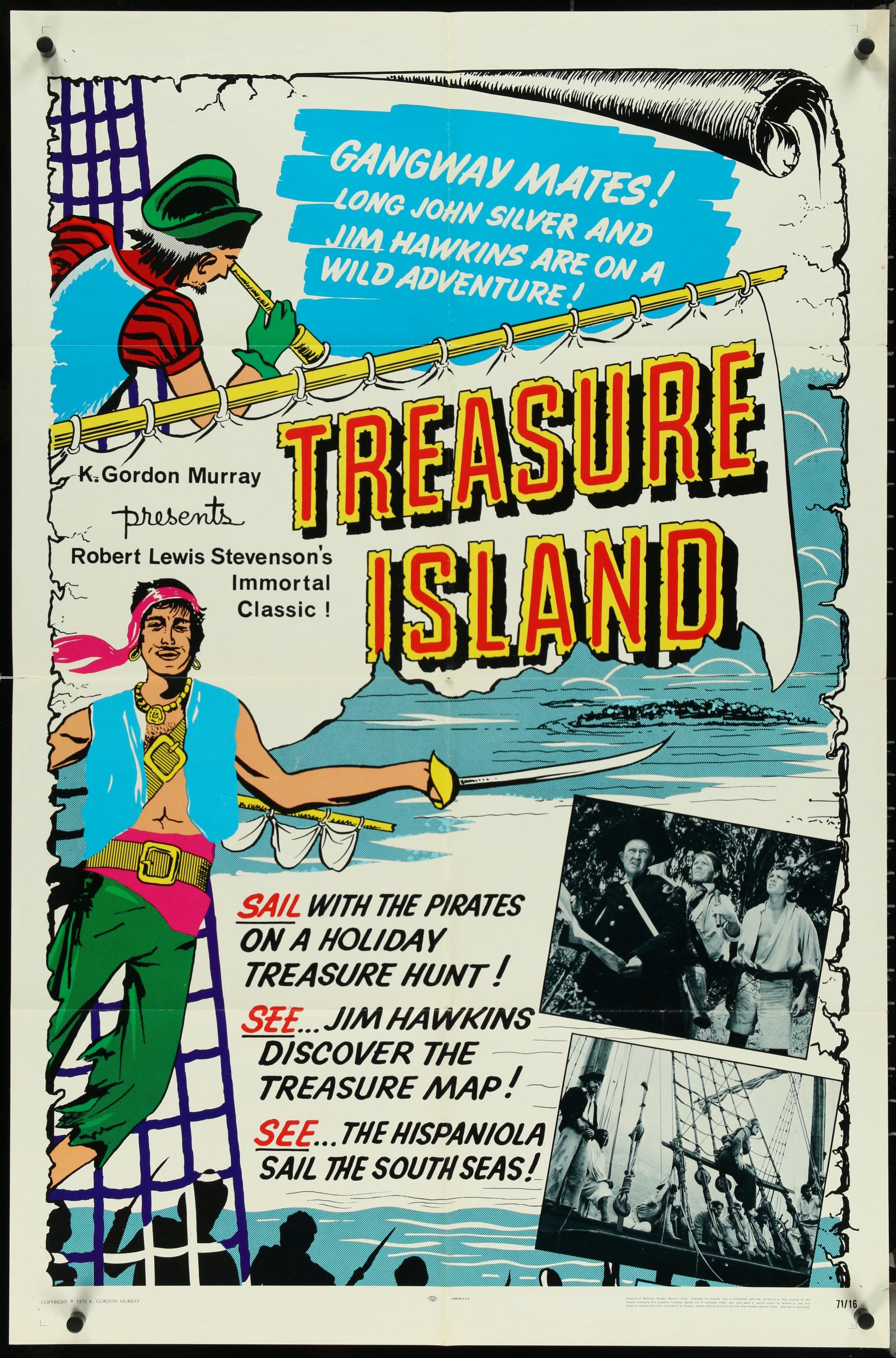 Vintage style movie poster for 'Treasure Island' featuring an illustration of a pirate character with a treasure map, set against a colorful background with a pirate ship.
