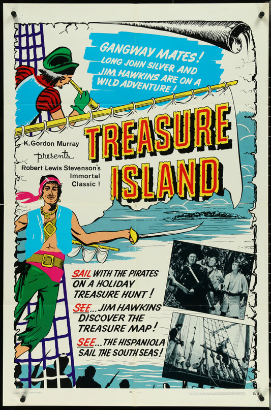 Vintage style movie poster for 'Treasure Island' featuring an illustration of a pirate character with a treasure map, set against a colorful background with a pirate ship.