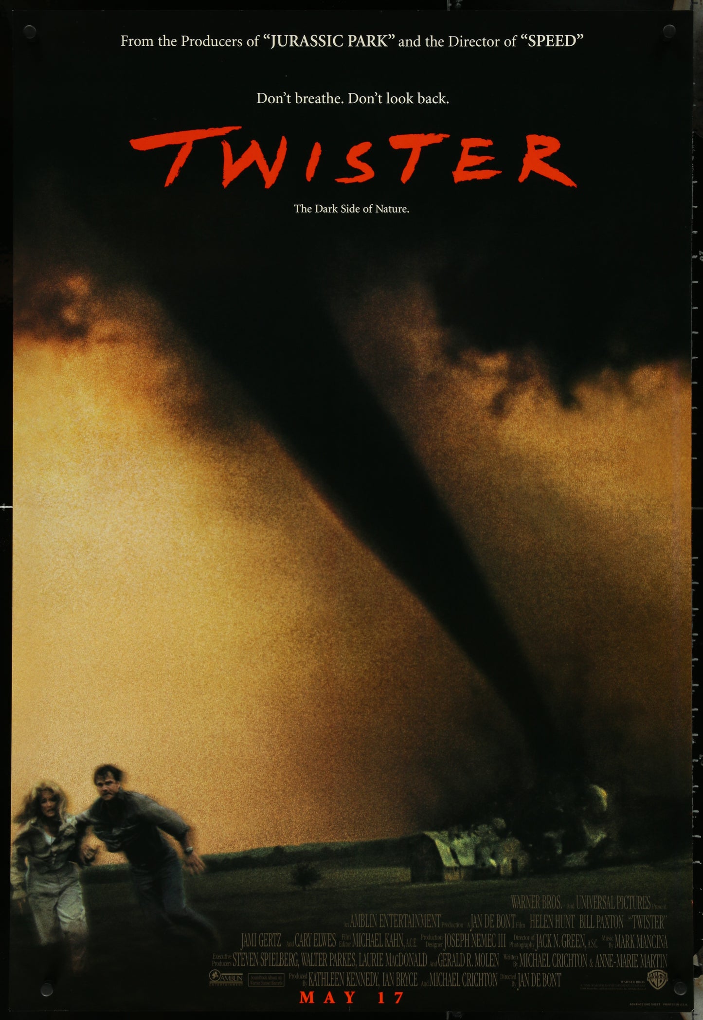 Original US one-sheet movie poster for the film 'Twister' featuring actors Helen Hunt and Bill Paxton with a tornado in the background.