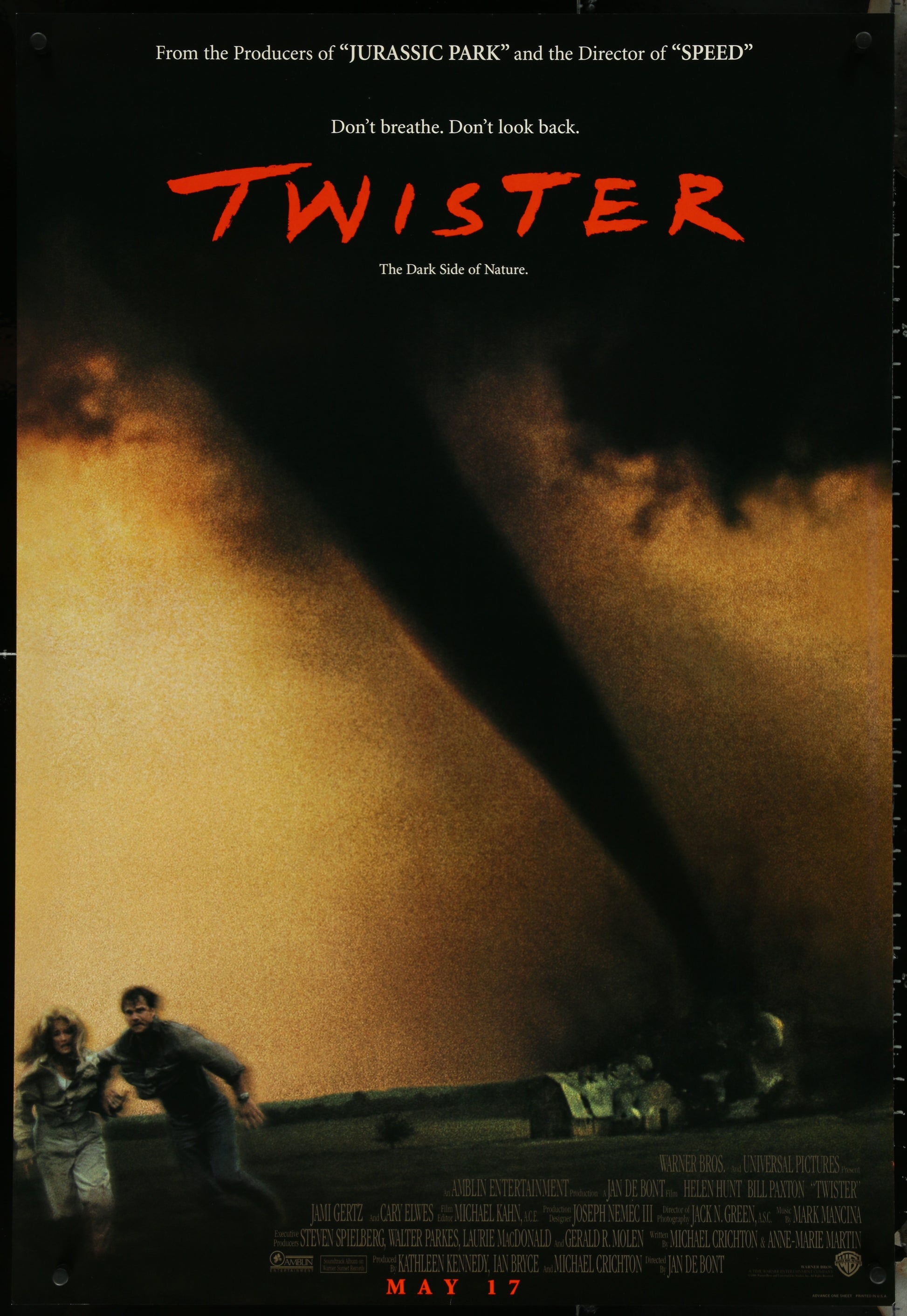 Original US one-sheet movie poster for the film 'Twister' featuring actors Helen Hunt and Bill Paxton with a tornado in the background.