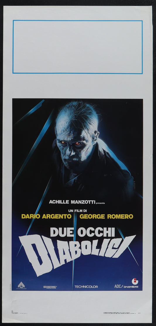 Original Italian movie poster for 'Two Evil Eyes' featuring a black and blue design with a split image of a character's face.