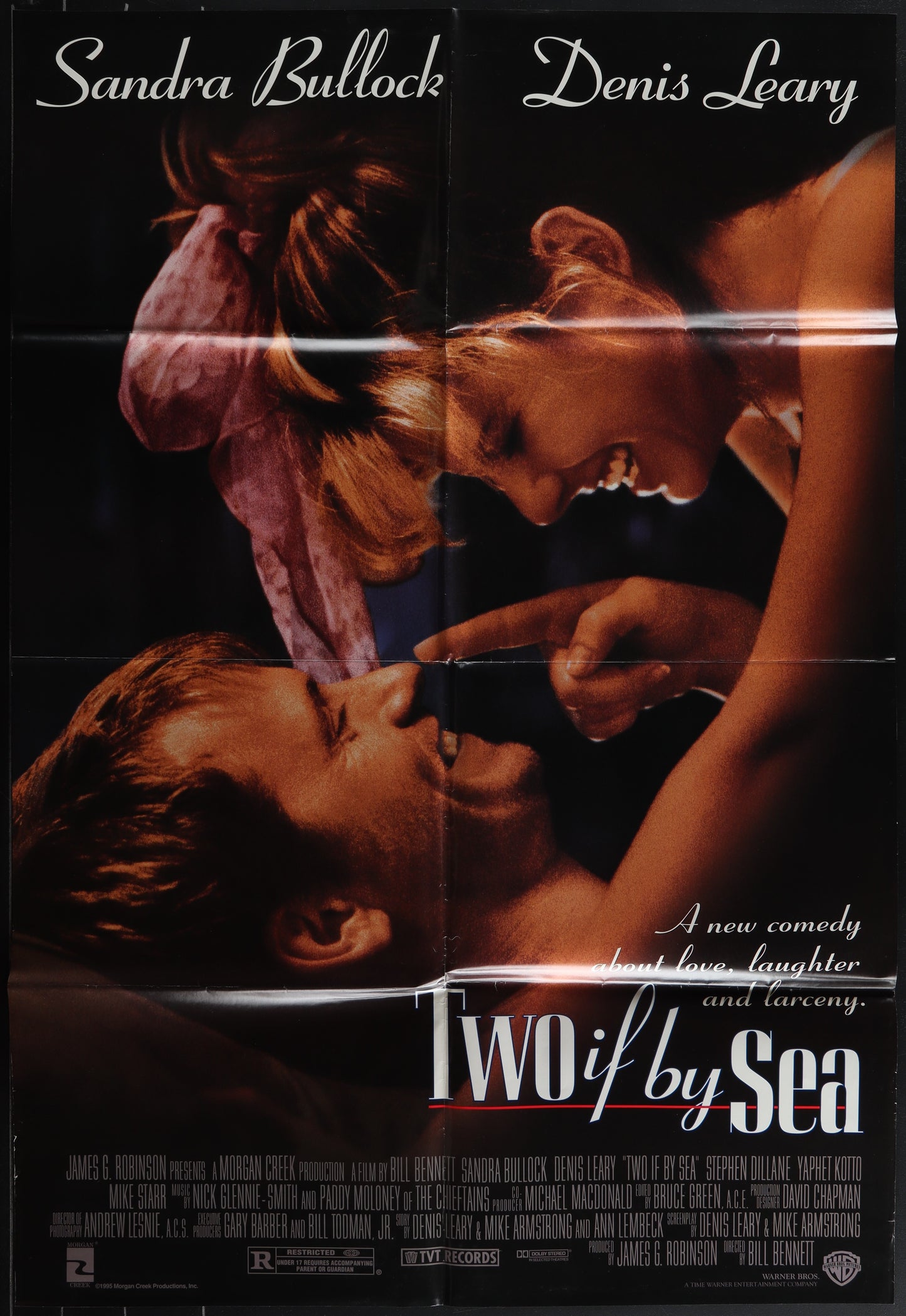 Original US one sheet movie poster for 'Two If By Sea' featuring Sandra Bullock and Denis Leary with a double-sided design, showing signs of wear around the edges.
