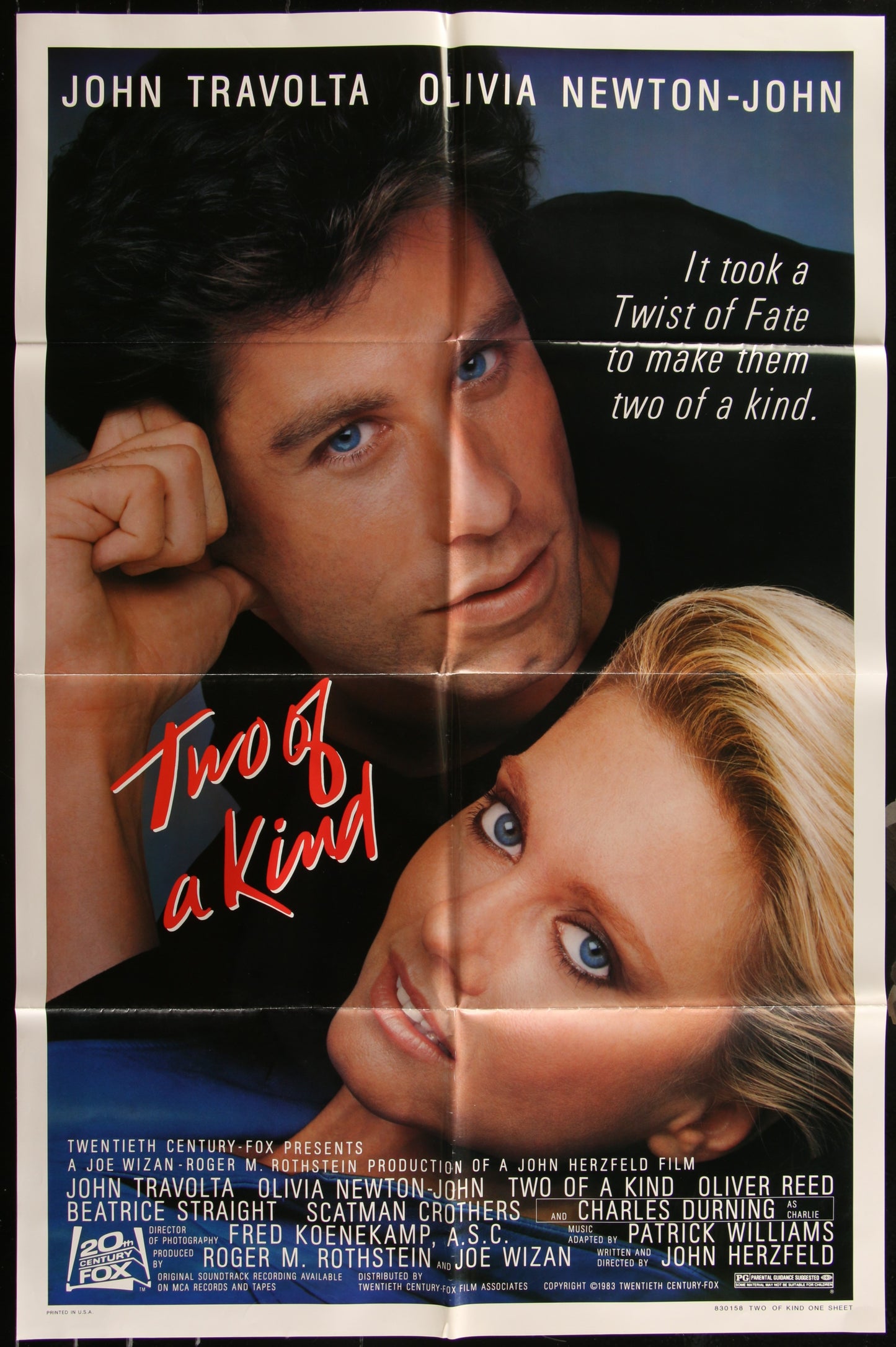 Vintage one-sheet movie poster for 'Two Of A Kind' featuring images of John Travolta and Olivia Newton-John with a quote from the movie.
