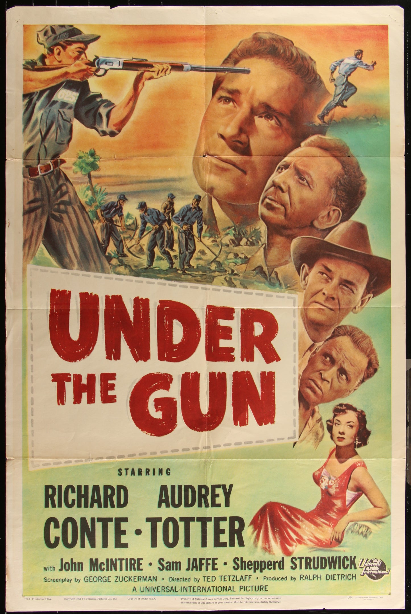 Vintage movie poster for 'Under The Gun' featuring three male characters prominently with guns, and a female character in the background. The poster is predominantly green and yellow with red text.