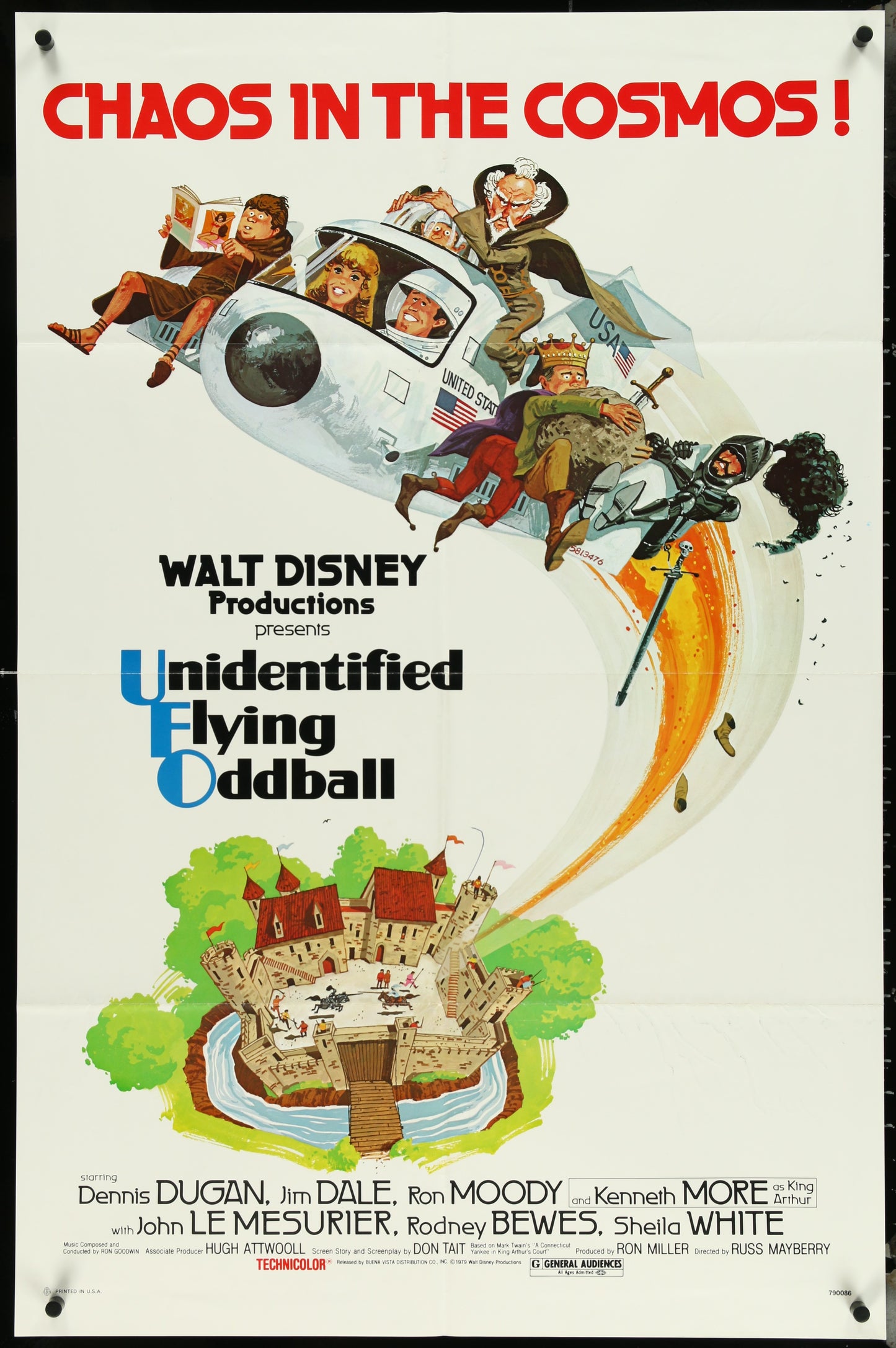 Vintage style movie poster for 'Unidentified Flying Oddball' featuring a collage of characters and a medieval castle setting.