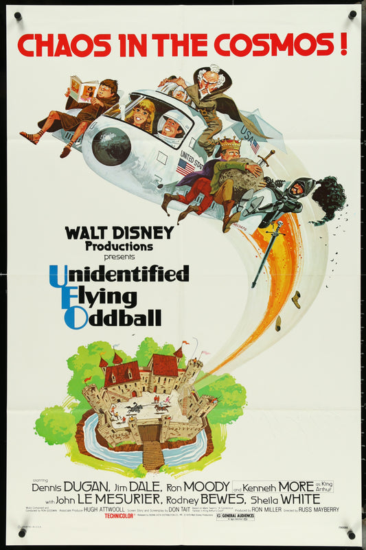 Vintage style movie poster for 'Unidentified Flying Oddball' featuring a collage of characters and a medieval castle setting.