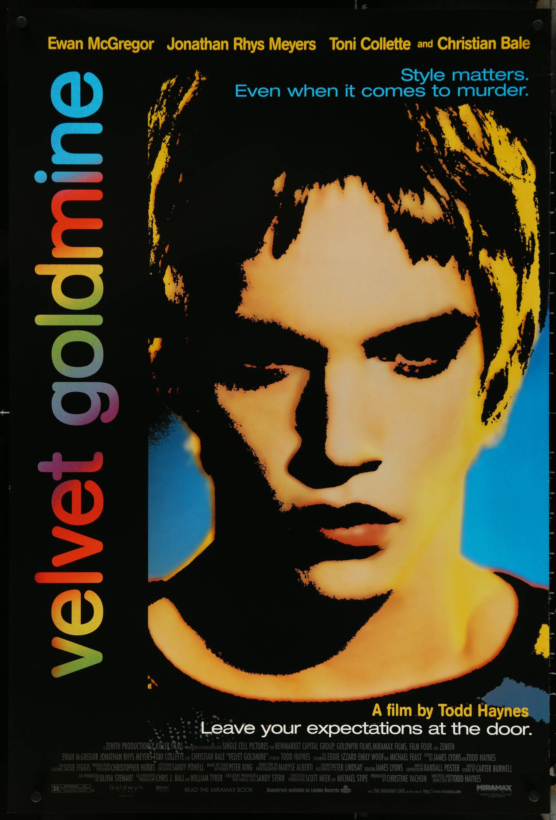 Movie poster for 'Velvet Goldmine' with stylized portrait and text.