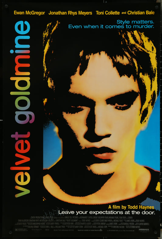 Movie poster for 'Velvet Goldmine' with stylized portrait and text.