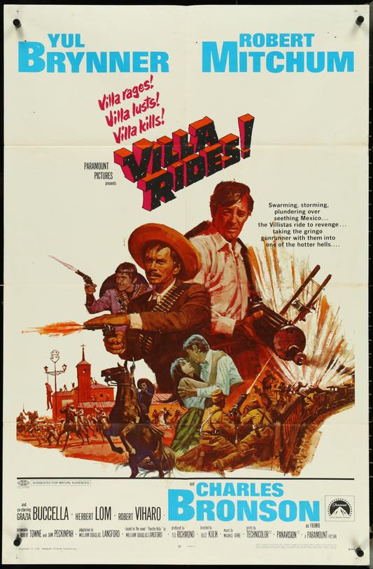 Vintage one-sheet movie poster for 'Villa Rides' featuring Yul Brynner, Robert Mitchum, and Charles Bronson with a Western town and gunfight scene.