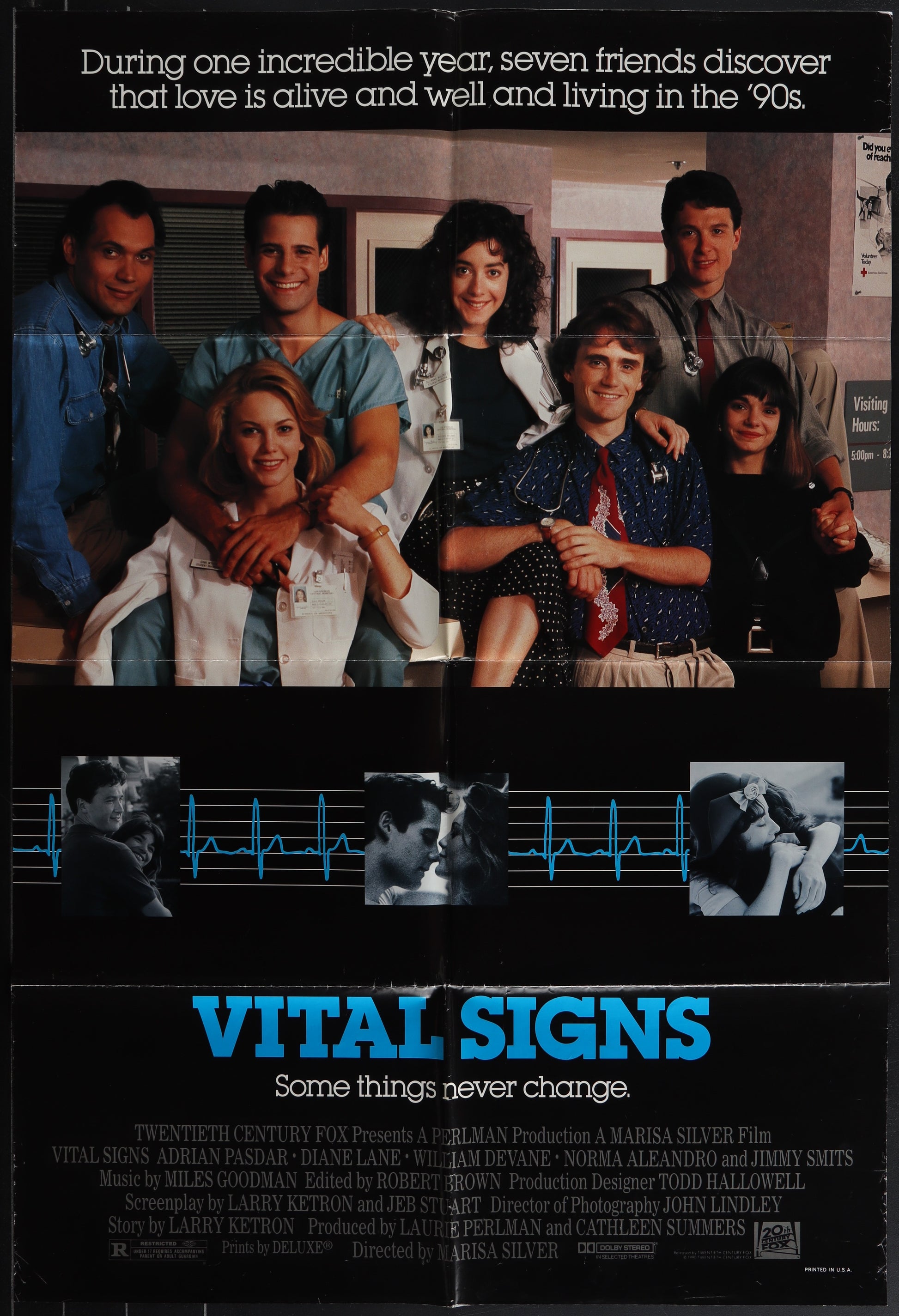 Original US one sheet movie poster for the film 'Vital Signs' featuring a collage of the main cast members in a hospital setting.