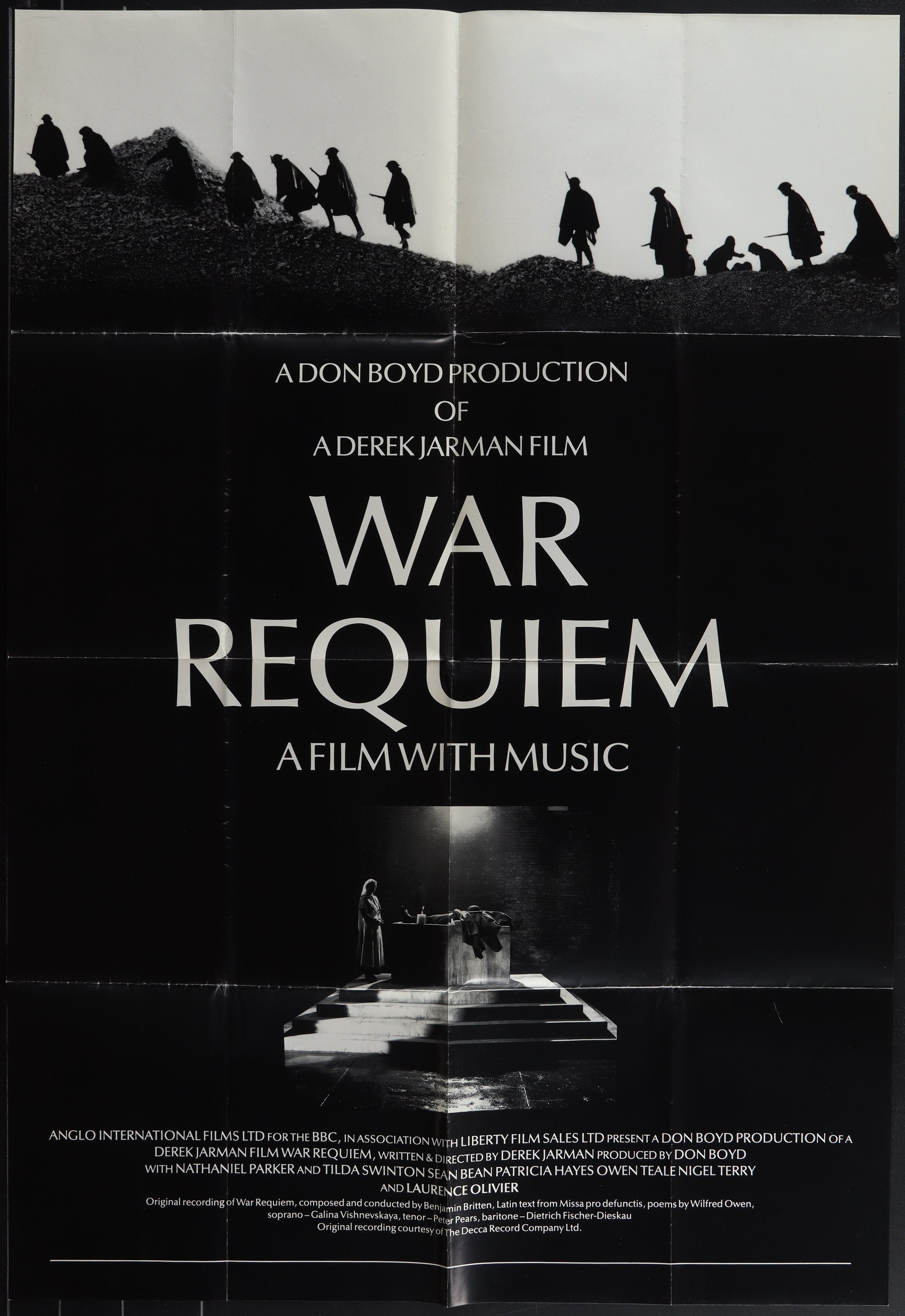 Vintage style black and white movie poster for 'War Requiem' featuring a dramatic image with music instruments.