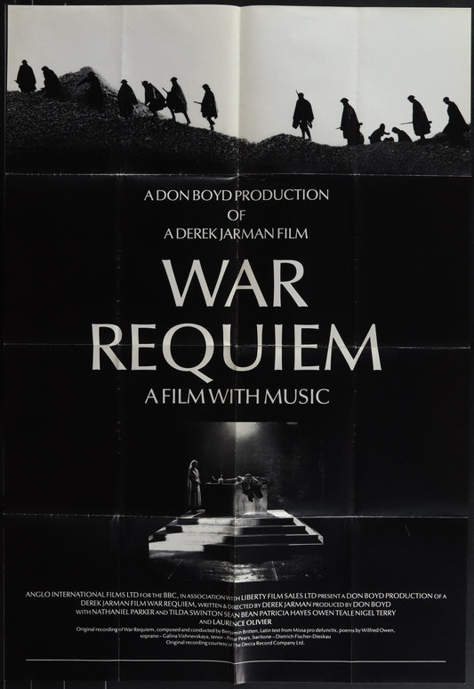 Vintage style black and white movie poster for 'War Requiem' featuring a dramatic image with music instruments.
