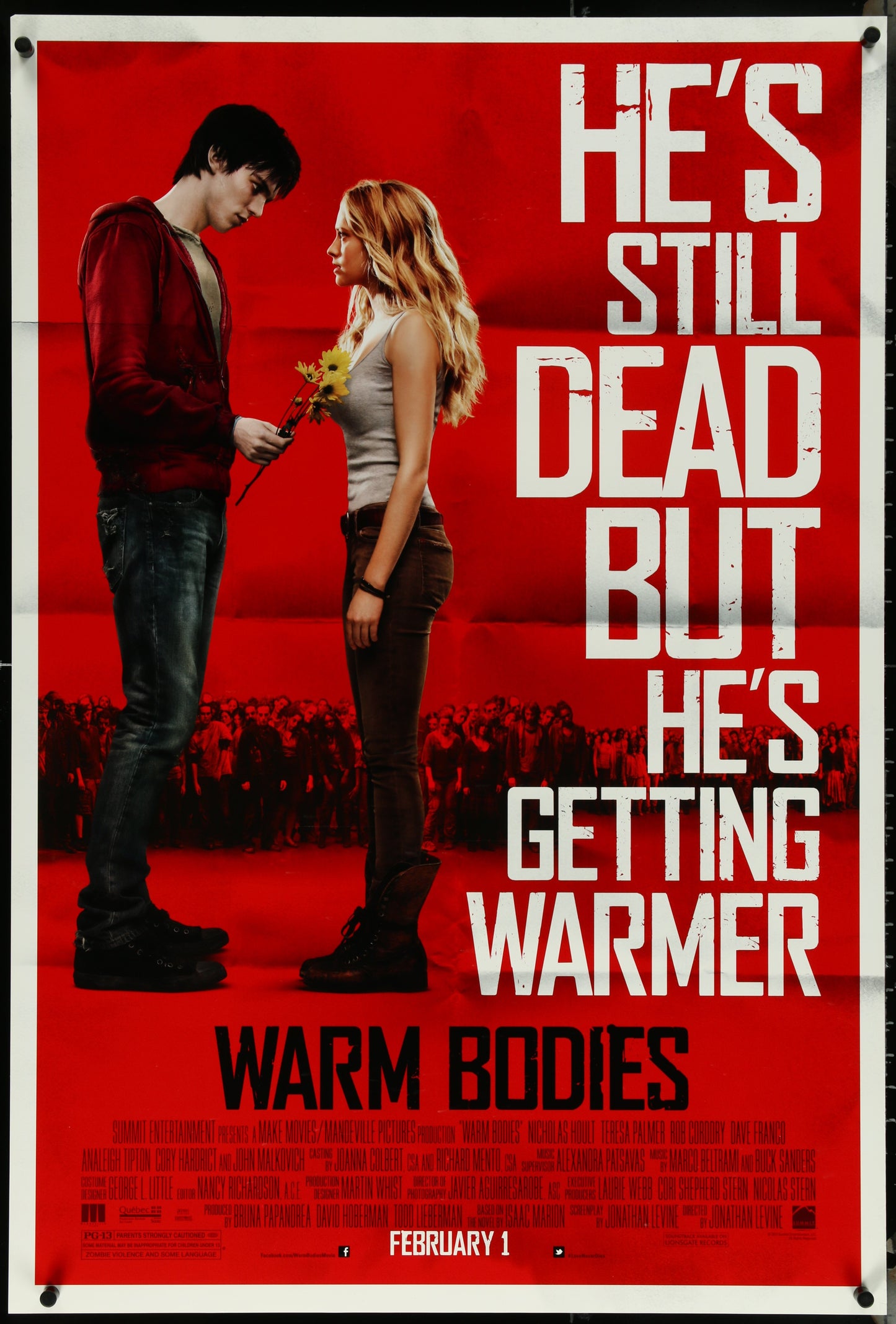 A movie poster for 'Warm Bodies' featuring a male and female character, with the man holding a flower and the woman wearing a tank top. The background is red with a crowd of people.