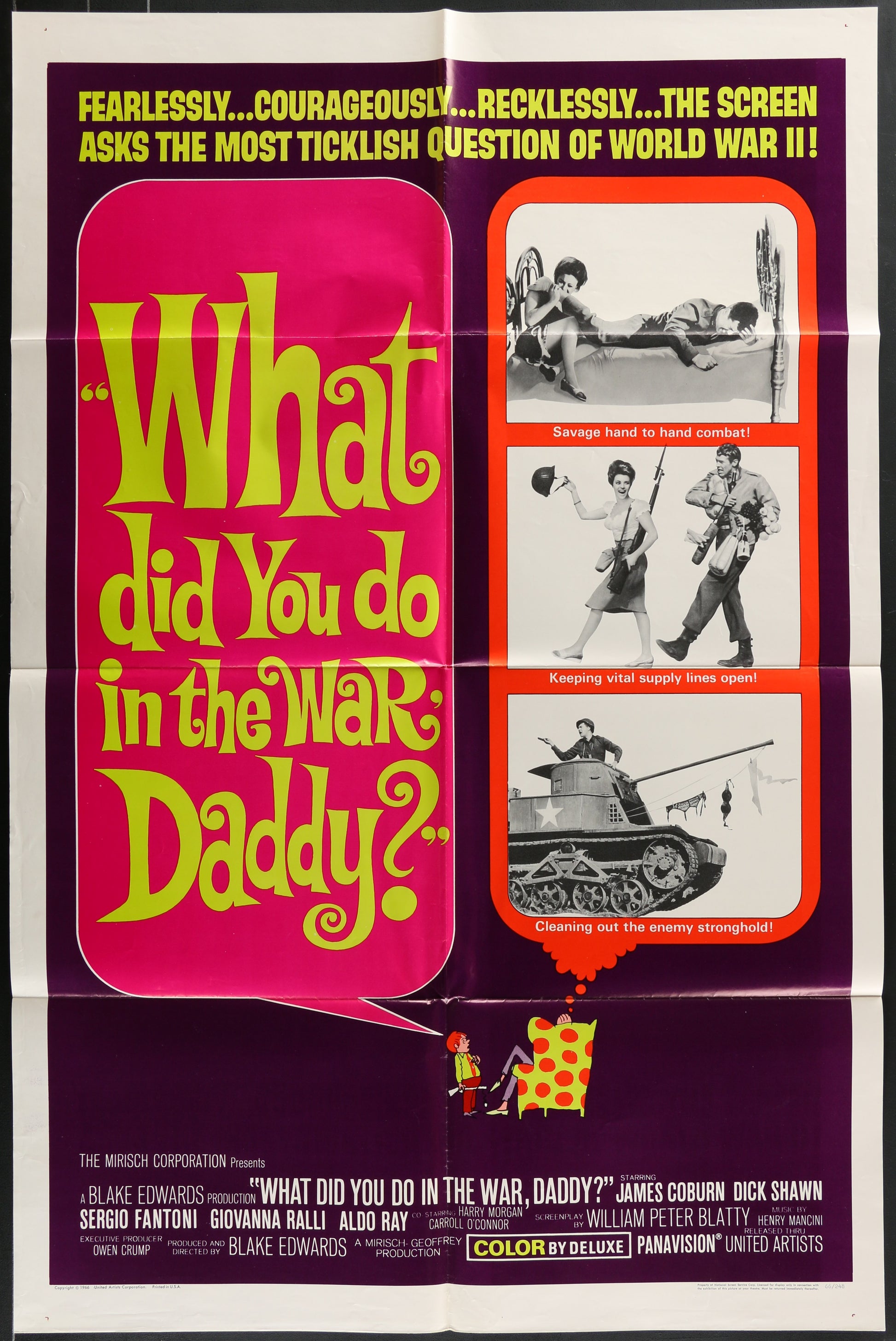 Vintage movie poster for 'What Did You Do in the War, Daddy?' with text and images of soldiers and war equipment.