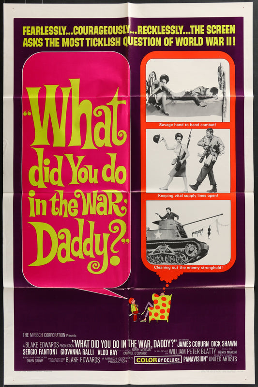 Vintage movie poster for 'What Did You Do in the War, Daddy?' with text and images of soldiers and war equipment.