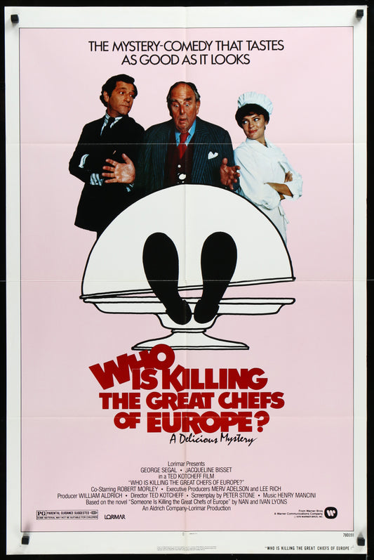 Vintage movie poster for 'Who Is Killing The Great Chefs Of Europe?' featuring characters in a restaurant setting.