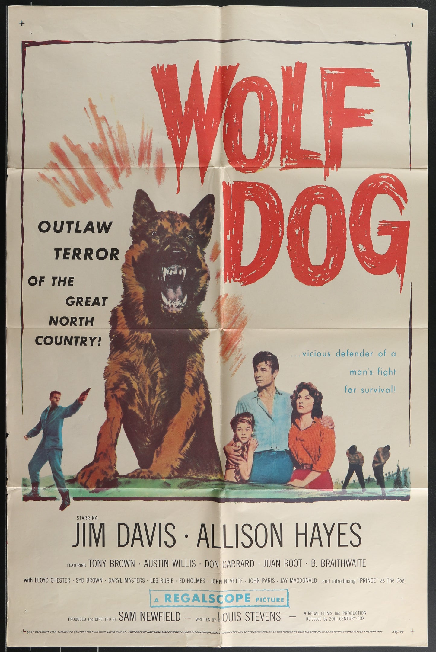 Vintage movie poster for 'Wolf Dog' featuring a large dog in a dramatic pose with a family in the background. The poster is folded and shows signs of wear.