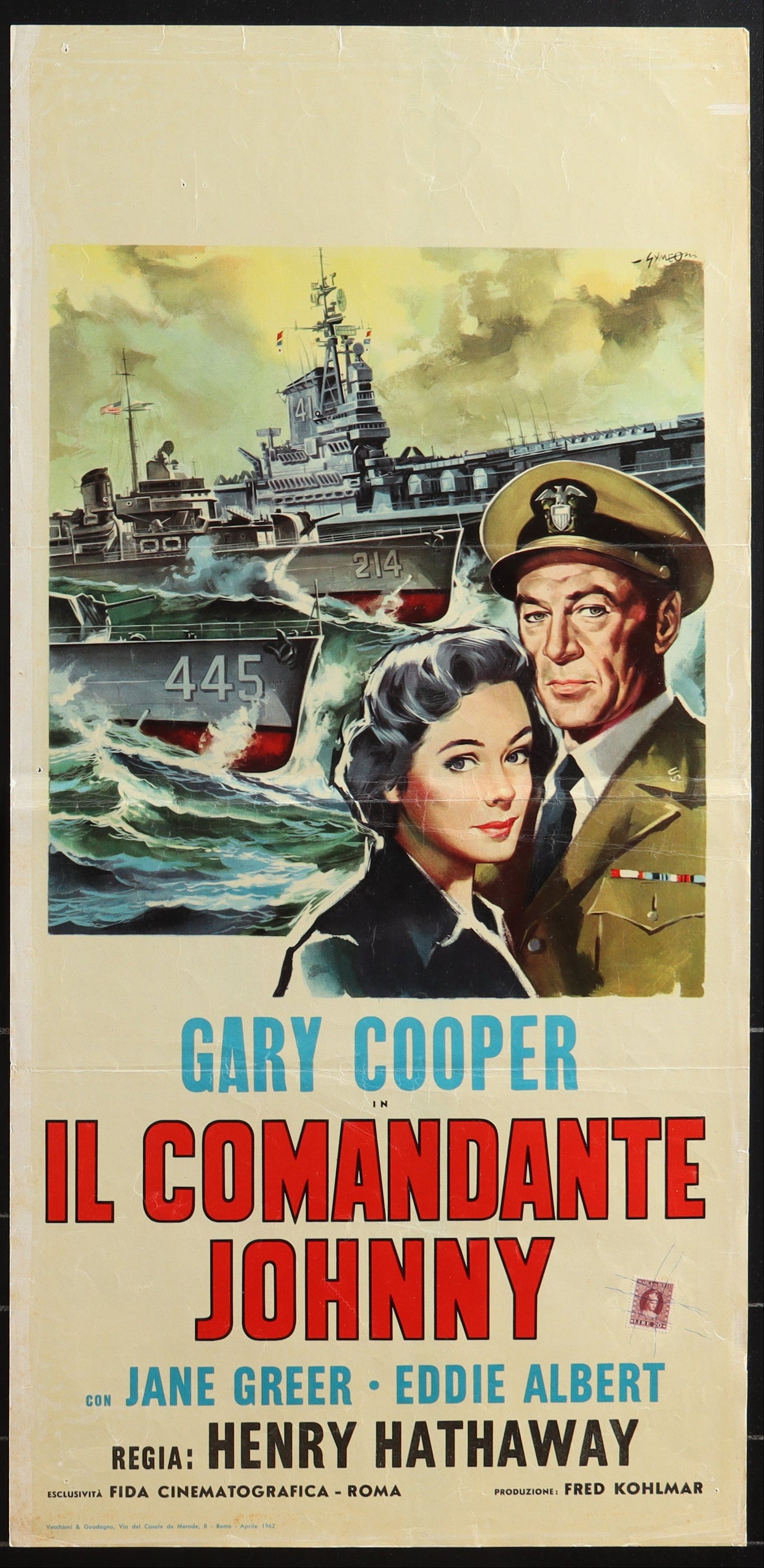 Vintage movie poster featuring a man and woman in front of a ship, with text indicating 'Il Comandante Johnny' and actor names.