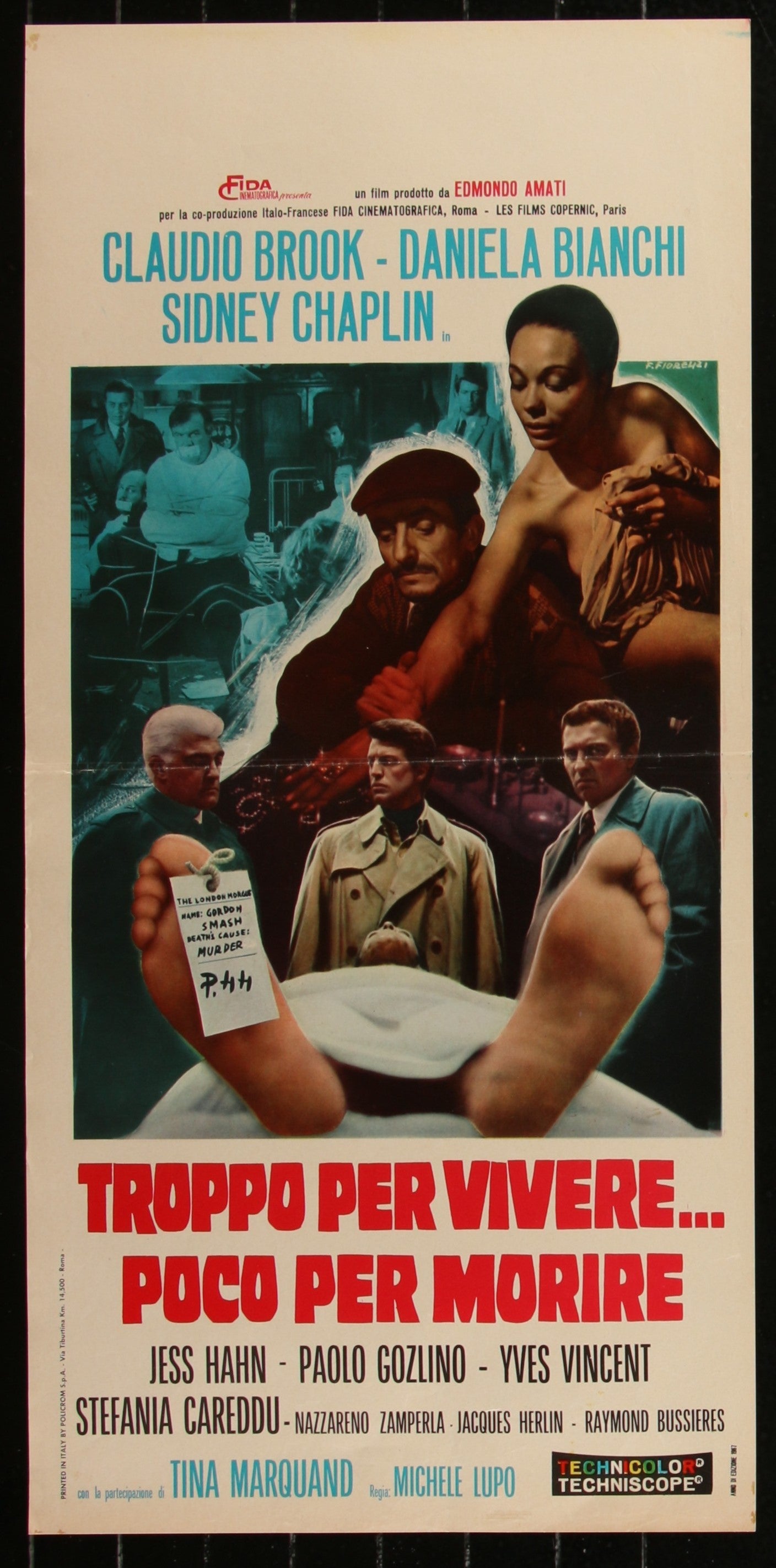 Movie poster with text and images of people, featuring a foot with a label on it.