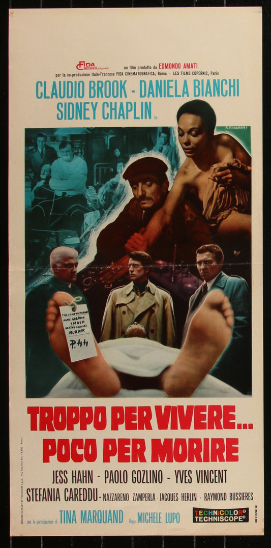 Movie poster with text and images of people, featuring a foot with a label on it.