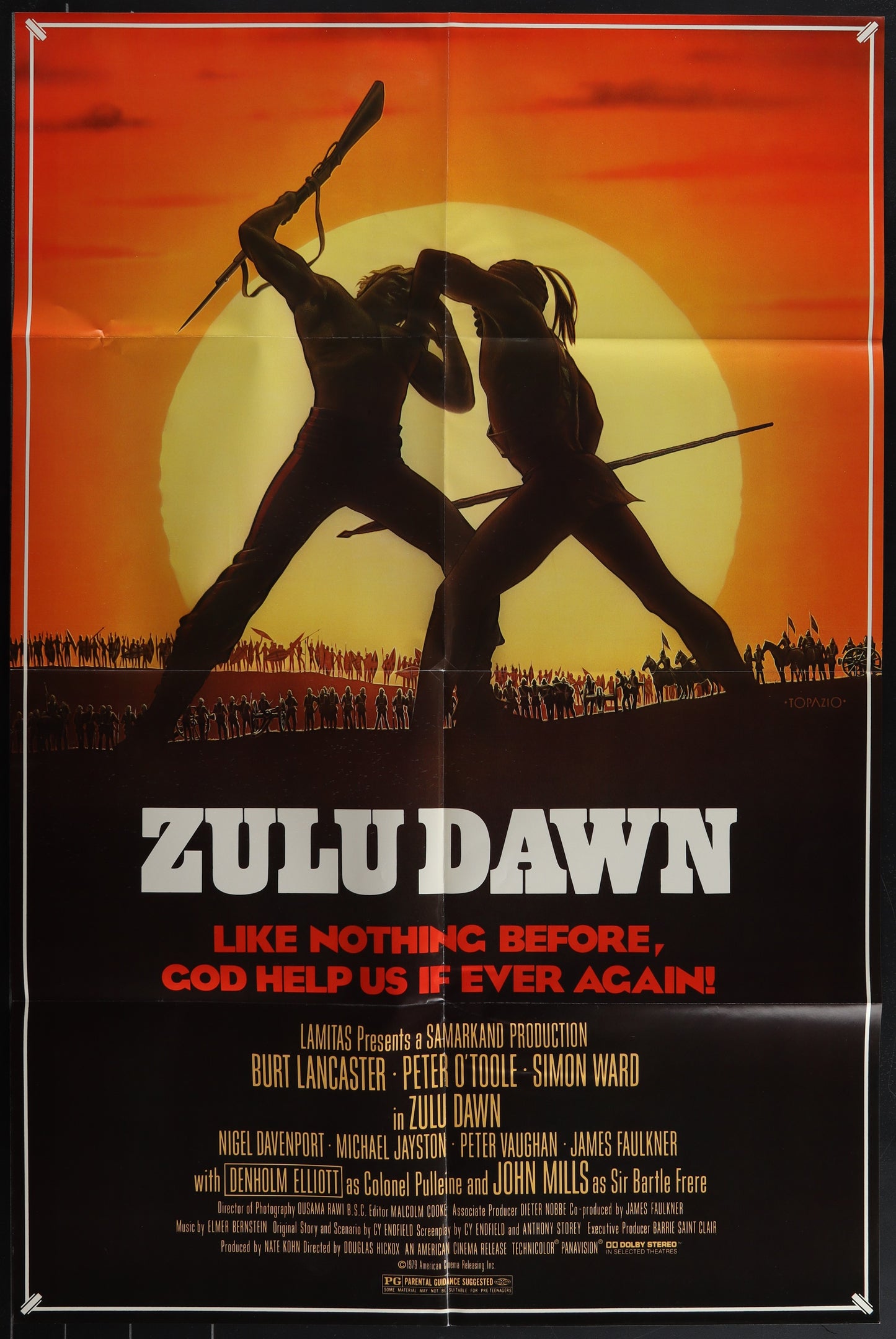 Original US one-sheet movie poster for the film 'Zulu Dawn' featuring artwork by Vincent Topazio with Burt Lancaster and Peter O'Toole depicted on it.