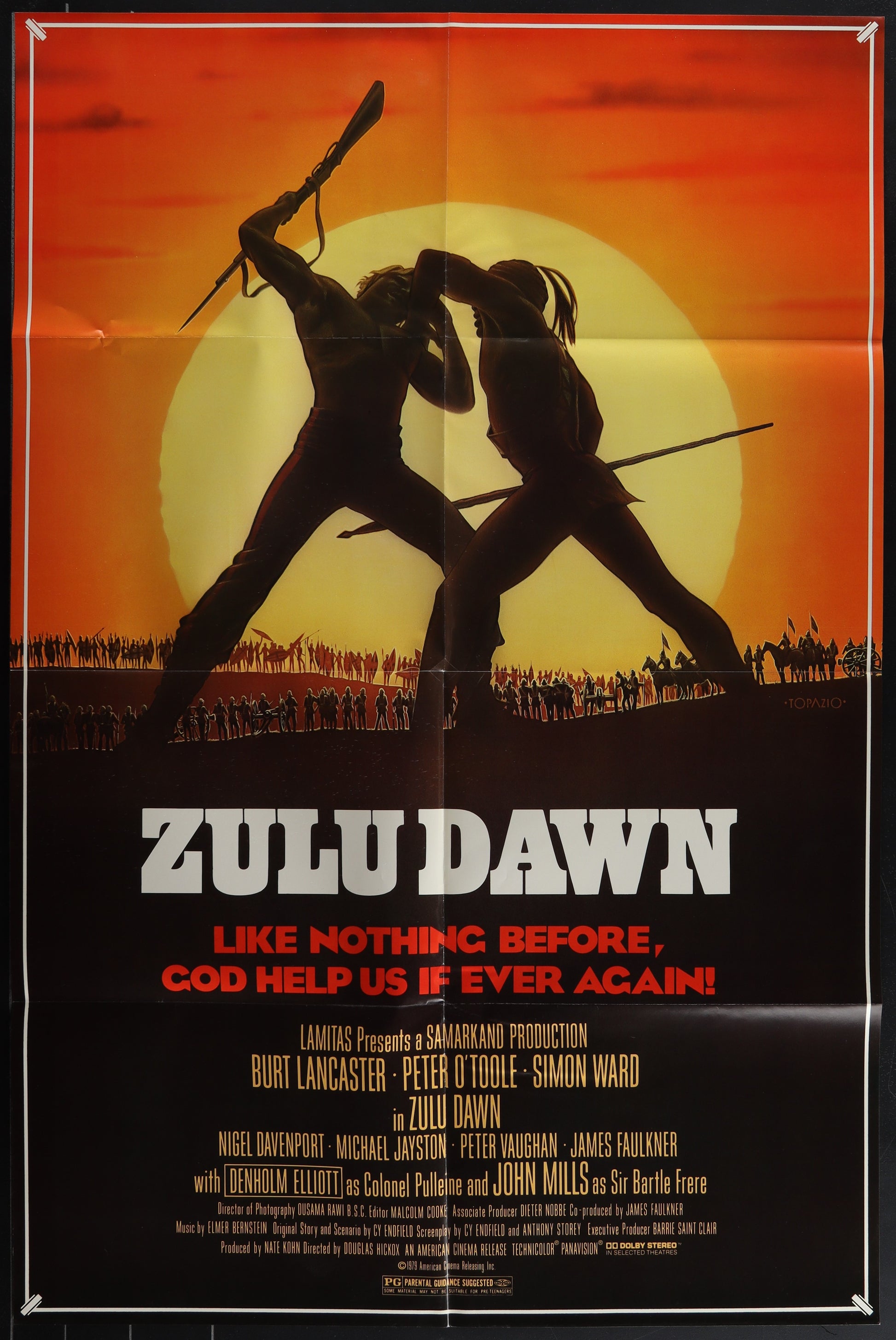 Original US one-sheet movie poster for the film 'Zulu Dawn' featuring artwork by Vincent Topazio with Burt Lancaster and Peter O'Toole depicted on it.