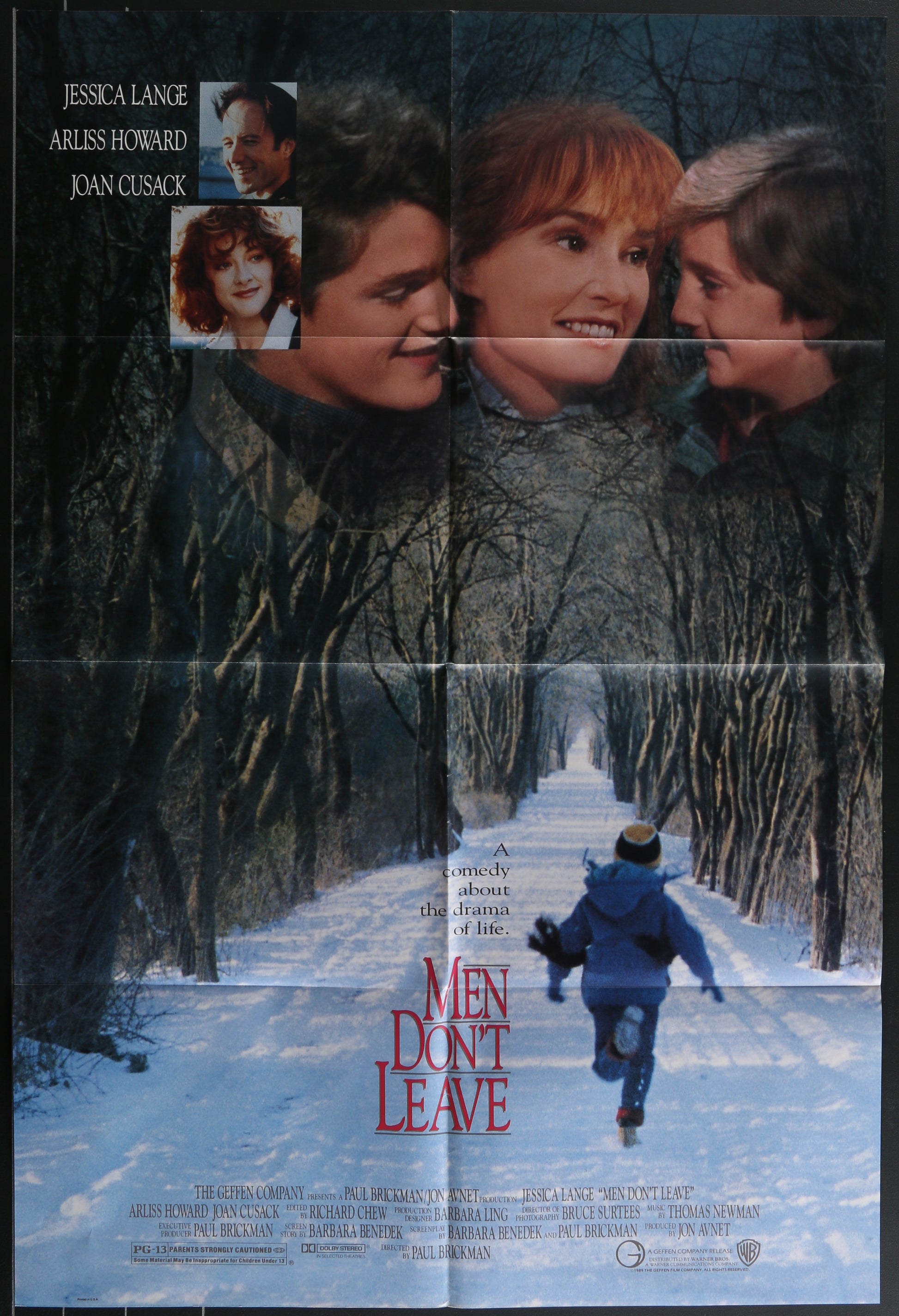 Original US one-sheet movie poster for 'Men Don't Leave' featuring four actors in a snowy setting. The poster is folded and has minor wear.